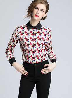 Stylish Contrast-collar All Over Print Blouse