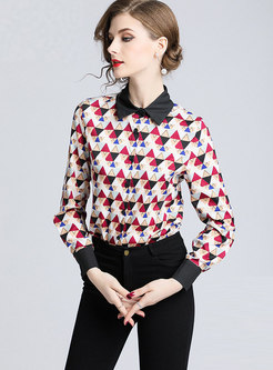 Stylish Contrast-collar All Over Print Blouse