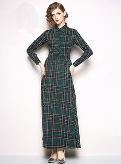 Fashion Turn-down Collar Dots Big Hem Maxi Dress