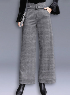Fashion Woollen Belted Plaid Straight Long Pants