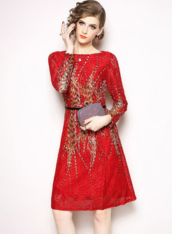 Autumn Red Long Sleeve Print Bodycon Dress