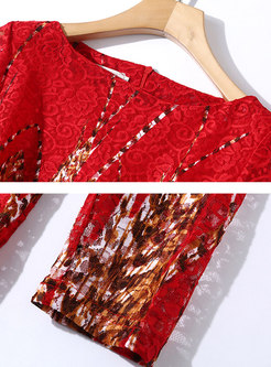 Autumn Red Long Sleeve Print Bodycon Dress