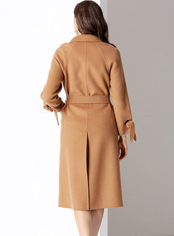 Khaki Notched Belted Slim Woolen Coat