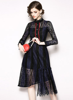 Trendy Autumn Blue Lace Paneled Asymmetric Dress