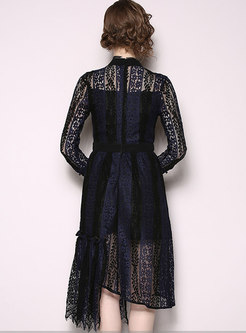 Trendy Autumn Blue Lace Paneled Asymmetric Dress