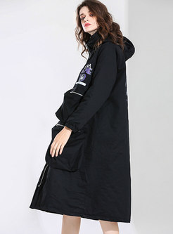 Casual Black Print Hooded Zipper Loose Coat