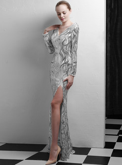 Deep V-neck Long Sleeve Sequined Slit Print Prom Dress