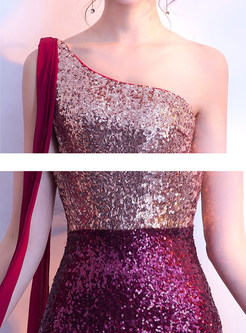 Fashion One Shoulder Tied Color-blocked Prom Dress