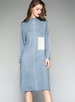 Fashion Blue Half High Neck Knitted Dress