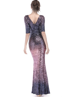 V-neck Half Sleeve Color-blocked Sequined Prom Dress