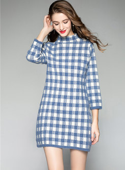 Stylish Blue Casual Straight Grid Knitting Dress