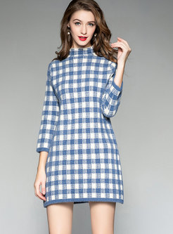 Stylish Blue Casual Straight Grid Knitting Dress