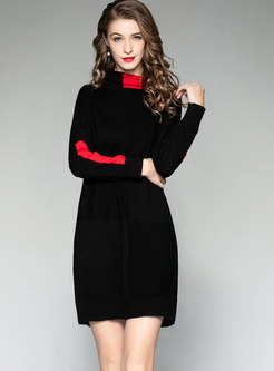 Trendy Black Hit Color Loose All-matched Knitted Dress