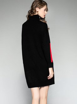 Trendy Black Hit Color Loose All-matched Knitted Dress