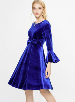 Trendy Royal Blue Flare Sleeve Drilling Gathered Waist Dress