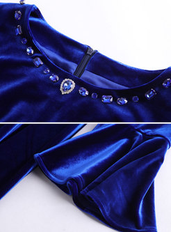Trendy Royal Blue Flare Sleeve Drilling Gathered Waist Dress