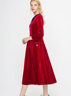 Fashion Wine Red Velvet Gathered Waist A Line Dress