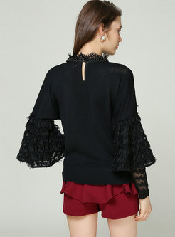 Lace Splicing Hollow Out Beaded Knitted Sweater