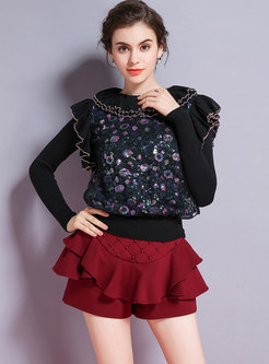 Black Falbala Knitted Sweater With Sequins