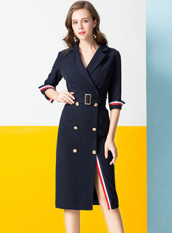 Stylish Striped Splicing Notched Belted Double-breasted Dress