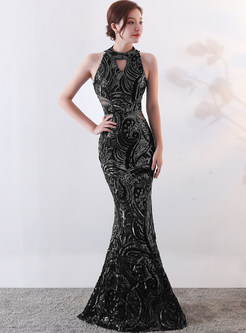 Sexy Hollow Out Hanging Neck Evening Dress