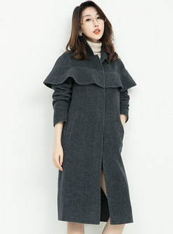 Pure Color Cape Lapel Straight Woolen Coat