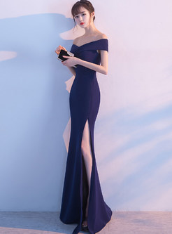 Elegant Slash Neck Slit Mermaid Maxi Prom Dress