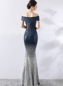 Slash Color-blocked Sequined Slim Mermaid Prom Dress