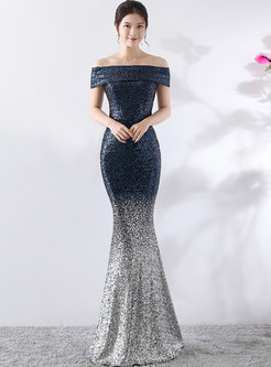 Slash Color-blocked Sequined Slim Mermaid Prom Dress