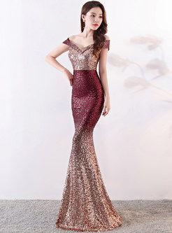 Sexy Color-blocked Sequined Banquet Slim Mermaid Dress