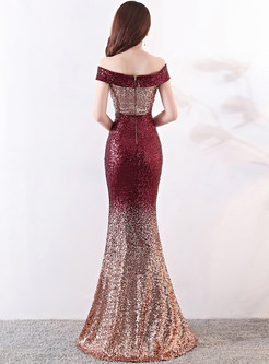 Sexy Color-blocked Sequined Banquet Slim Mermaid Dress