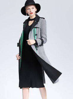 Stylish Notched Houndstooth Double-breasted Trench Coat