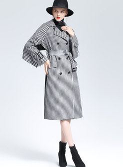 Trendy Houndstooth Tie-waist Trench Coat With Double-breasted