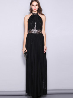 Sexy Hanging Neck Lace Backless Banquet Evening Dress
