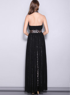 Sexy Hanging Neck Lace Backless Banquet Evening Dress