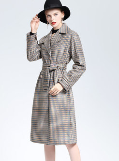 Chic Houndstooth Lapel Belted Skinny Trench Coat