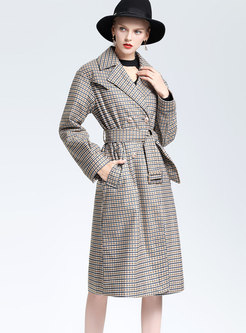Chic Houndstooth Lapel Belted Skinny Trench Coat