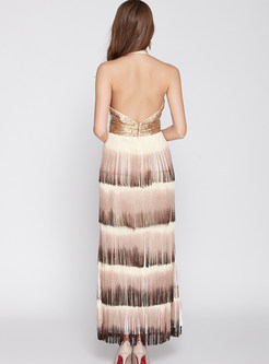 Deep V-neck Backless Color-blocked Tassel Prom Dress
