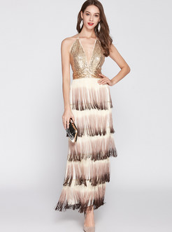 Deep V-neck Backless Color-blocked Tassel Prom Dress