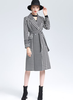 Fashion Notched Houndstooth Stitching Tied Coat