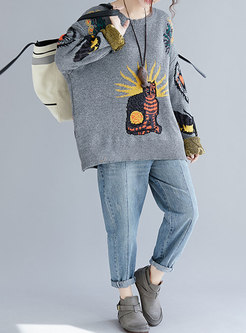 Stylish Embroidery O-neck Knitted Sweater