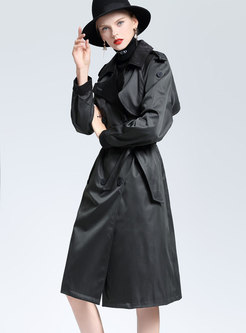 Winter Black Notched Belted Patchwork Trench Coat