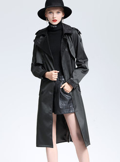 Winter Black Notched Belted Patchwork Trench Coat