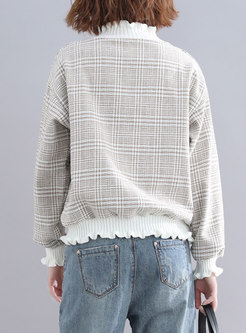 Chic Grid Ruffled Collar Splicing Sweater