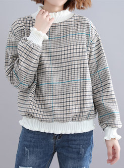 Chic Grid Splicing Ruffled Collar Loose Sweater
