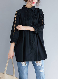 Solid Color Lapel Hollow Out Loose Blouse