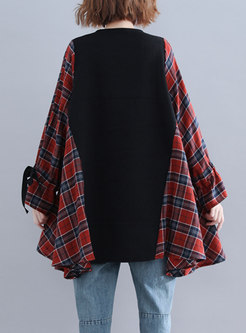 Fashionable Grid Splicing Print O-neck Loose Sweatshirt