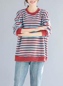 Casual Color-blocked Striped O-neck Thick Sweatshirt