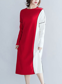 Trendy Color-blocked O-neck Shift Knitted Dress
