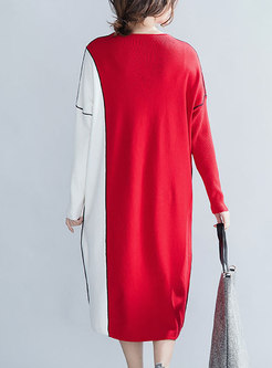 Trendy Color-blocked O-neck Shift Knitted Dress
